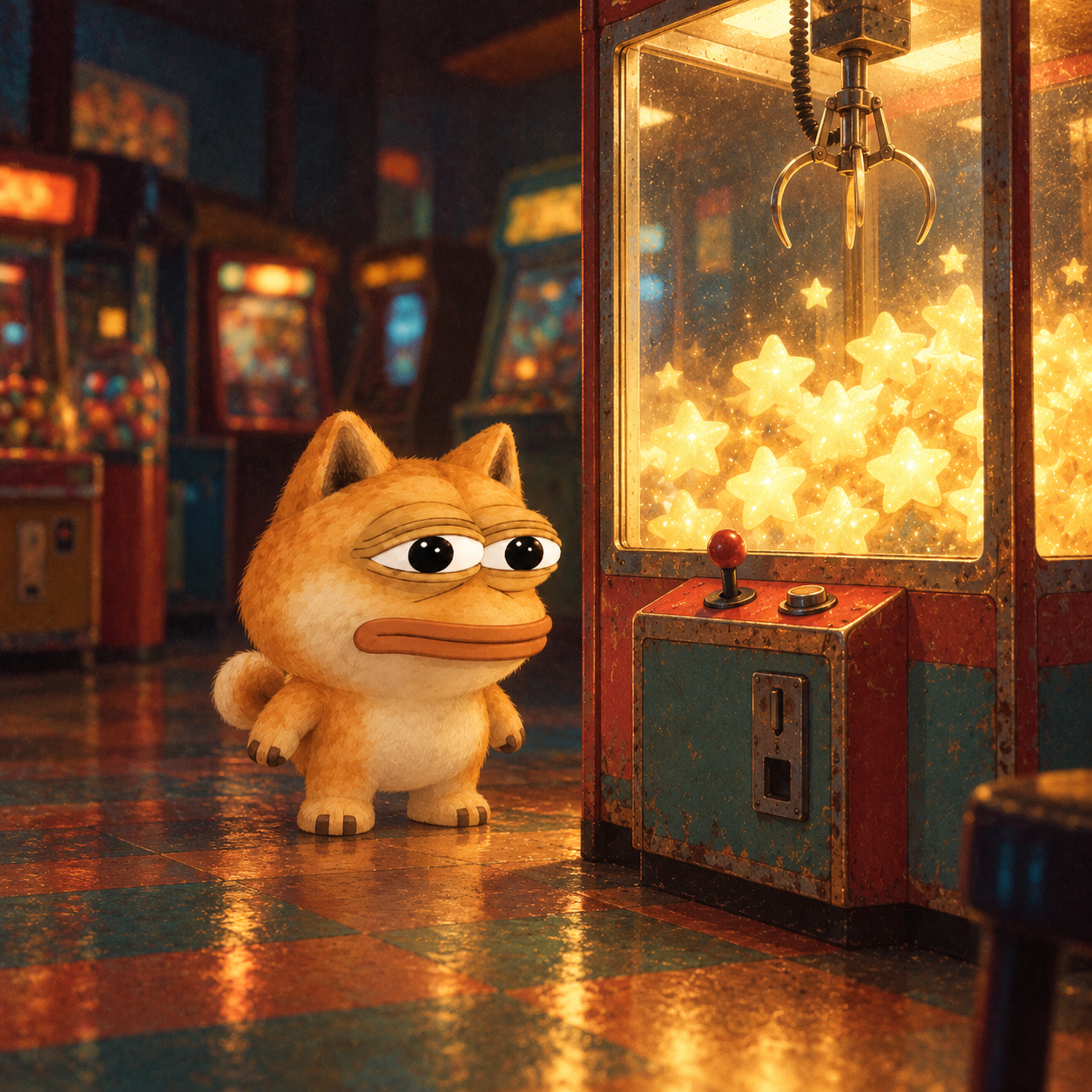 Mini Dope at a glowing claw machine in a toy arcade