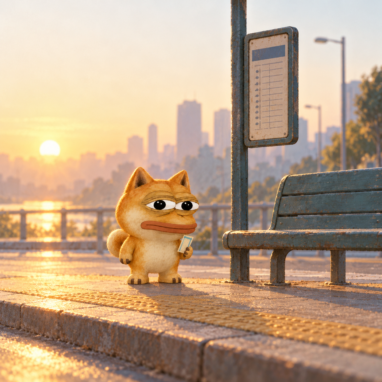 Mini Dope waiting at a bus stop at sunrise