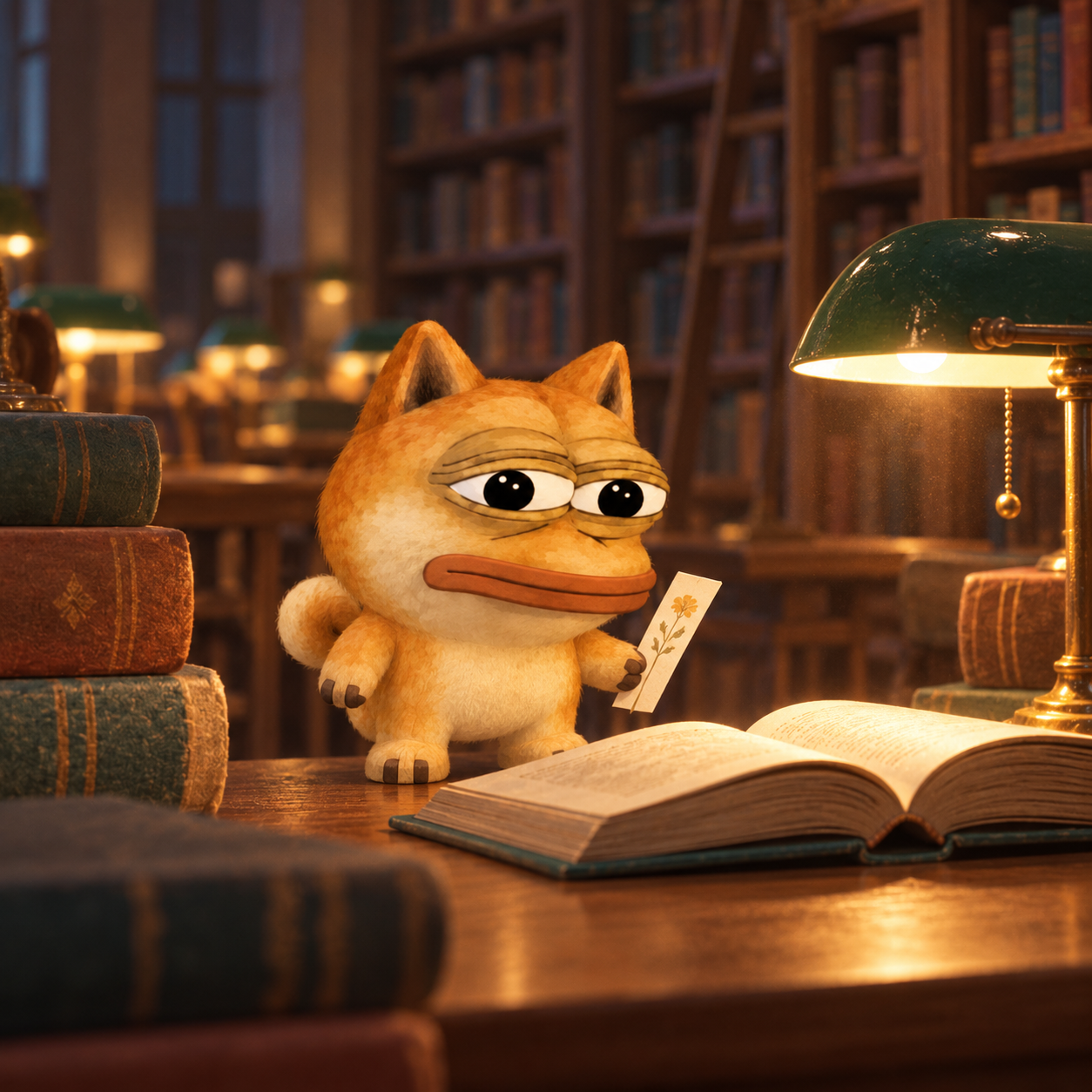 Mini Dope among oversized books in a quiet library